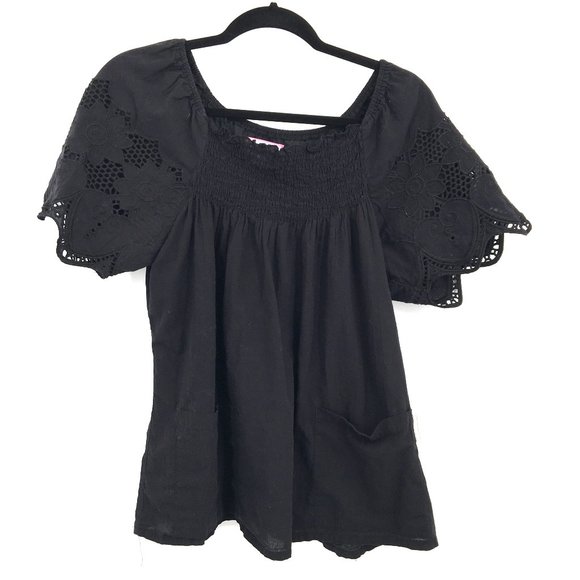 koi Tops Koi Smocked Breast Scalloped Eyelet Lace Puff Sleeves